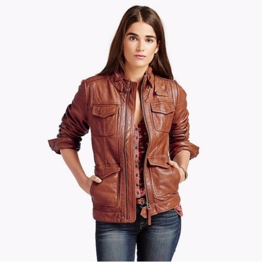 Lucky Brand Soft Lamb Leather Jacket Women’s L Brown/Tan Cargo Zip Up Moto Cargo